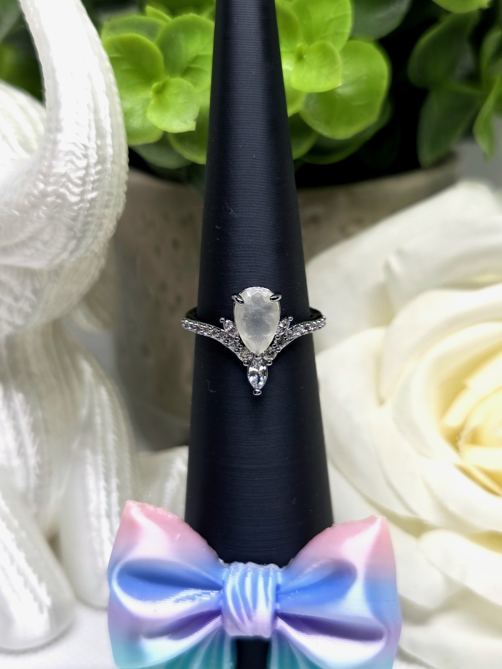 BP White Agate Pear Drop Ring with Cubic Zirconia Accents
